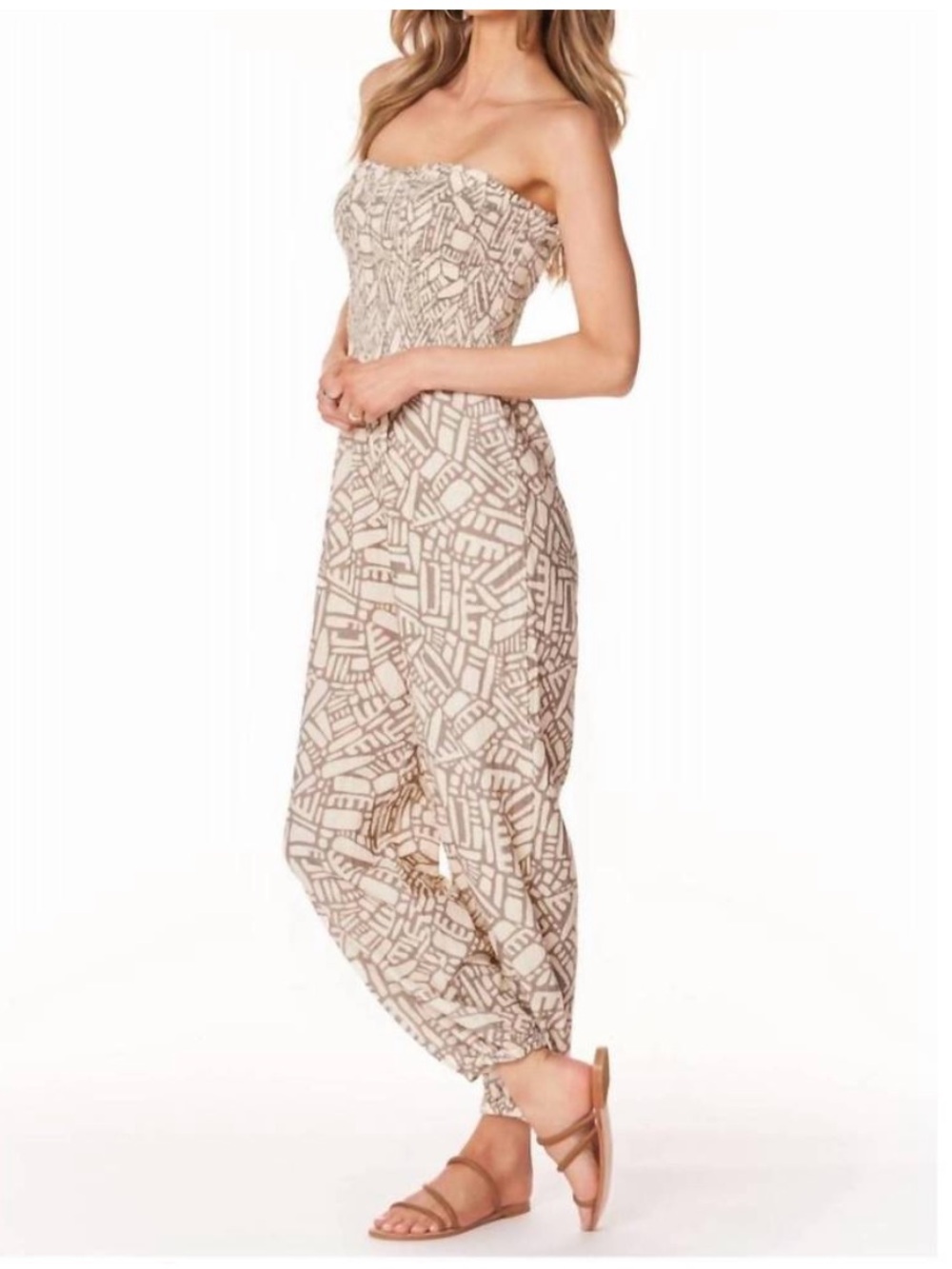 Bobi tapered leg aura jumpsuit mural print tan beige sz S designer contemporary